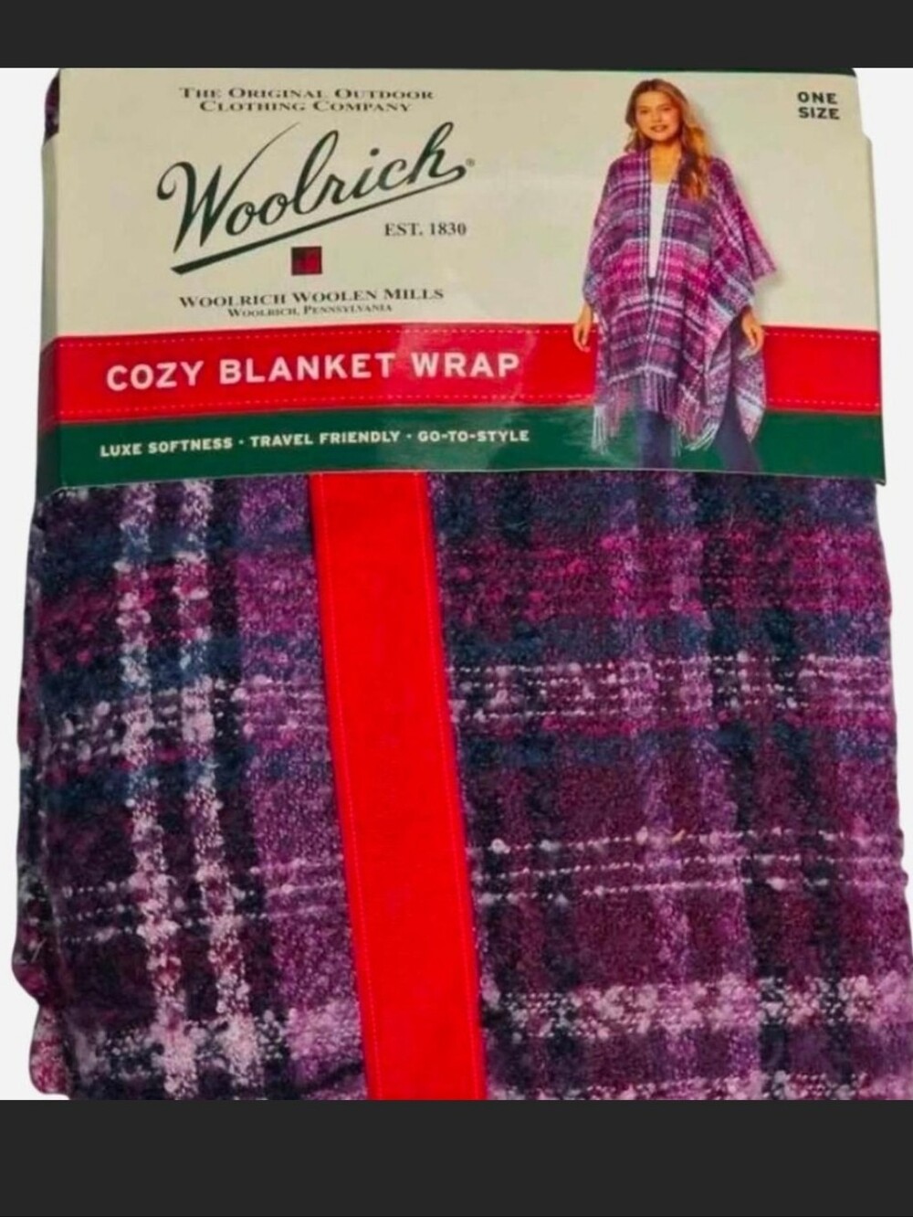 Woolrich Purple Plaid Cozy Blanket Wrap with Red Accent